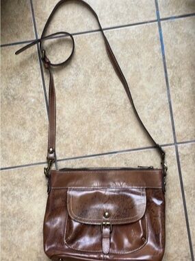 Patricia Nash Tan Brown Leather Crossbody with Map Print